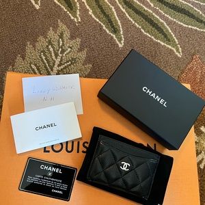 Authentic Chanel Black Cavier Leather Silver Hardware Credit Card Holder and box